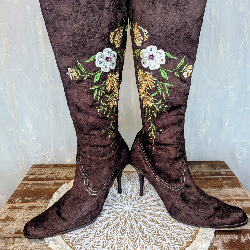 "Splash" Brown Embellished & Embroidered Floral Heeled Boots - Picture 3 of 12
